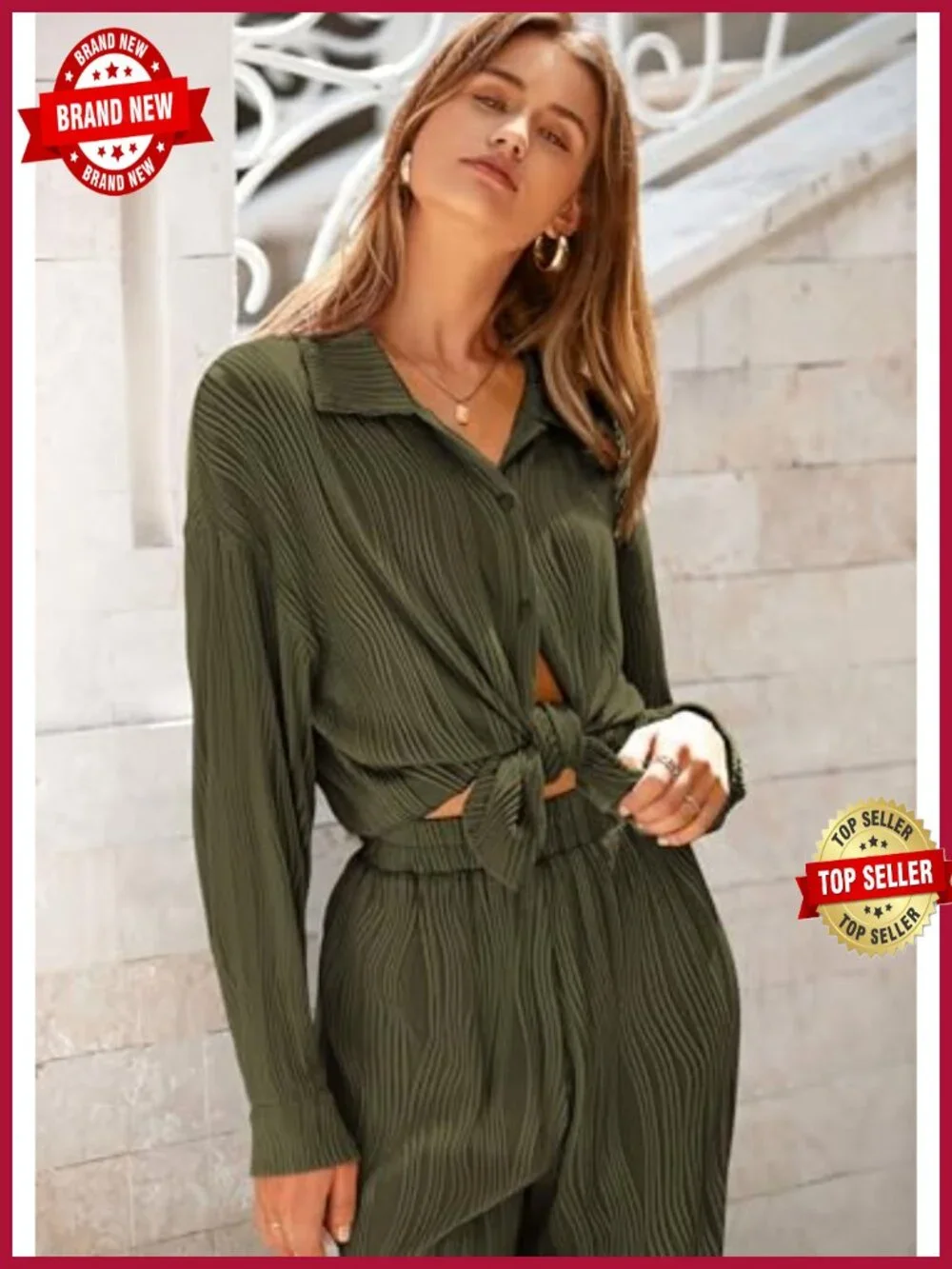 2-Piece Lounge Set, Button Down Long Sleeve Shirt with Wide Leg Pants, High